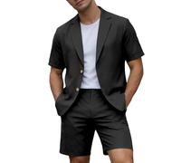 Générique Blazer Uomo Estate Set Due Pezzi Giacca Manica Corta E Pantaloncini Slim Elegante Leggero Sportivo Per Ufficio E Uscite, Spiaggia, Matrimonio, Ragazzi D'Onore, Nero , L
