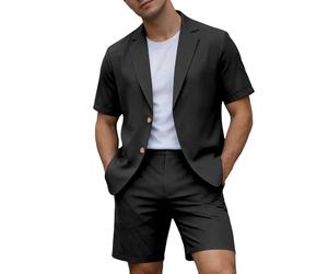 Générique Blazer Uomo Estate Set Due Pezzi Giacca Manica Corta E Pantaloncini Slim Elegante Leggero Sportivo Per Ufficio E Uscite, Spiaggia, Matrimonio, Ragazzi D'Onore, Nero , L