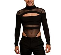 Générique Bodystocking Uomo traforato sexy in rete trasparente body da uomo tutina a rete aderente grande vita manica lunga tuta da un pezzo danza Clubwear, Nero , XL