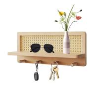 Générique Boho Wall Shelf, Rustic Wooden Hanging Shelf with Hooks, Farmhouse Nursery Book Organizer, Decorative Rattan Storage for Entryway, Living Room, Oro Study, 15,67 x 6,69 x 3,9 pollici