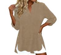 Générique Camicetta da donna chic con scollo a V e maniche a 3/4, stile bottonato, camicetta e top versatile per un abbigliamento elegante o un'uscita quotidiana, Kaki5, 4XL