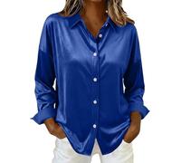 Générique Camicetta da donna elegante e chic in raso a maniche lunghe, camicia aderente da donna chic con bottoni sul retro camicia di grandi dimensioni, camicetta classica top, blu, XXL
