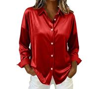 Générique Camicetta da donna elegante e chic in raso a maniche lunghe, camicia aderente da donna chic con bottoni sul retro camicia di grandi dimensioni, camicetta classica top, rosso, XXL