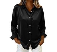 Générique Camicetta da donna elegante e chic in raso a maniche lunghe, camicia aderente da donna chic con bottoni sul retro camicia di grandi dimensioni, camicetta classica top, Nero , XL