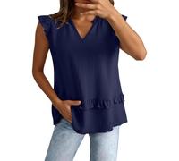 Générique Camicetta da donna elegante in chiffon con scollo a volant e vestibilità aderente senza maniche per una raffinata, Blu scuro, M