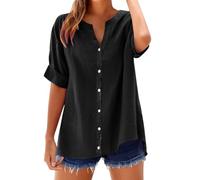 Générique Camicetta da donna in cotone e lino, completamente abbottonata sul davanti - scollo a V, maniche corte con zampe di rimboschimento - Top casual a taglio ampio, ideale per ufficio, Nero , L