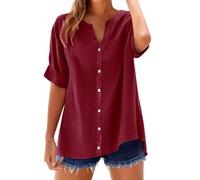 Générique Camicetta da donna in cotone e lino, completamente abbottonata sul davanti - scollo a V, maniche corte con zampe di rimboschimento - Top casual a taglio ampio, ideale per ufficio, borgogna