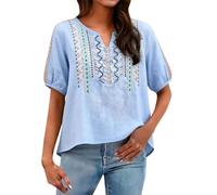 Générique Camicetta Estiva Leggera in Lino Donne Manica Corta Camicie Casual Sciolto Stampa Ricamato Tshirt Comfy Scollo a V Profondo in Cotone Lino Camicia di Grandi Dimensioni Camicia Top Estate