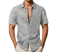 Générique Camicia con paillettes da uomo a maniche corte taglio classico Wetlook Clubwear Camicetta anni '90 Hippie per discoteca Carnival Cerimonia Party Serate, argento, XXL