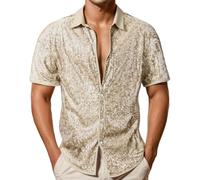 Générique Camicia con paillettes da uomo a maniche corte taglio classico Wetlook Clubwear Camicetta anni '90 Hippie per discoteca Carnival Cerimonia Party Serate, beige, XXXL