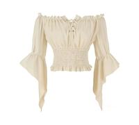 Générique Camicia da donna elegante, stile tunica medievale, scollo a barca, maniche lunghe, in pizzo, rivelatrice, taglio aderente, perfetta per serate in costume di Halloween e uscite quotidiane