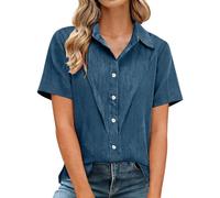 Générique Camicia da donna estiva in cotone e lino, scollo a V, manica corta, camicia estiva da donna, leggera, camicetta casual tinta unita, alta grande vita, traspirante, top con bottoni, camicetta