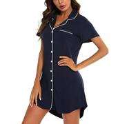 Générique Camicia da notte da donna lunga - Pigiama estivo a maniche corte notte aperta camicia con bottone da notte con tasche Sleepwear tinta unita Pijamas relax vestito interno bel vestito, navy, L