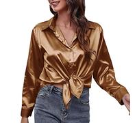 Générique Camicia Da Notte Lunga Donna in Raso, Camicia Da Notte Abbottonata Frontale Manica Lunga Camicetta Casual Camicette 2025 Nuova Camicetta Tinta Unita Top Morbido con Pigiama Pulsante, marrone