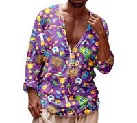 Générique Camicia da uomo a maniche lunghe Carnevale stampata per chitarra o maschera, camicia collo Mao di grandi dimensioni con bottoni, camicia invernale con scollo a V stile ampio per feste