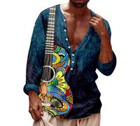 Générique Camicia da uomo a maniche lunghe Carnevale stampata per chitarra o maschera, camicia collo Mao di grandi dimensioni con bottoni, camicia invernale con scollo a V stile ampio per feste