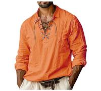 Générique Camicia da uomo a maniche lunghe, in cotone e lino, imitazione con coulisse, tinta unita, abbigliamento casual, elegante, per tutte le stagioni