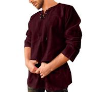 Générique Camicia Hippie a Maniche Lunghe da Uomo Camicia Carnevale Camicia da Costume Gotico con Lacci Camicia in Lino Camicia Estiva a Manica Corta Camicie Medievali Retro, Vino, M