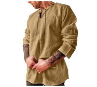 Générique Camicia Hippie a Maniche Lunghe da Uomo Camicia Carnevale Camicia da Costume Gotico con Lacci Camicia in Lino Camicia Estiva a Manica Corta Camicie Medievali Retro, cachi., S