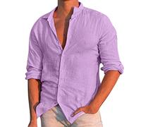 Générique Camicie Uomo Traspirante T Shirt Lino Maniche Lunghe Scollo a V Uomo Camicia Manica Lunga Stile Casual Taglio Standard Estate Bottoni Camicia Vacanza, Violet-B, M