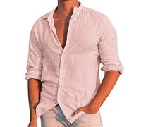 Générique Camicie Uomo Traspirante T Shirt Lino Maniche Lunghe Scollo a V Uomo Camicia Manica Lunga Stile Casual Taglio Standard Estate Bottoni Camicia Vacanza, Rosa-b, XL