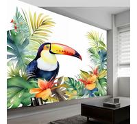 Générique Carta da Parati Panoramica Palme Monstera Dipinto Murale, Uccello Della Giungla Acquarello Non tessuto Murale, 200 x 140 cm (L x A) Foto murale per Soggiorno Camera dei bambini Ristorante