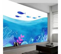 Générique Carta da parati Panoramica Pesci Viola Dipinto Murale Onda Mar Blu Acquerello Non Tessuto Murale, 200 x 140 cm (L x A) Foto murale per Soggiorno Camera dei Bambini Ristorante Decorazione