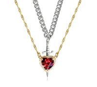 Générique Collana con cuore rosso e spada collana a forma di cuore per coppia argento in acciaio inox collana con ciondolo spada cuore a strati oro argento, voir photo, Acciaio inossidabile 304