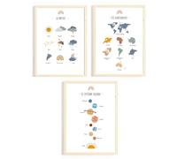 Générique Confezione di poster educativi per bambini, confezione da 3 posters (DIN A4) | Continenti, Meteo, Sistema Solare, Apprendimento Giocoso e Colorato, decorazione per la cameretta dei bambini