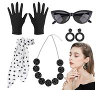 Générique Costume Anni 50 | Collana Guanti Fascia Occhiali Gatto A Pois | Vestito Retro Discoteca 5 Pezzi per Donne e Ragazze Feste tra Amiche