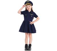 Générique Costume cosplay Halloween da ragazza, costume cosplay pilota blu navy vestito capitano costume Halloween 2-14 Y