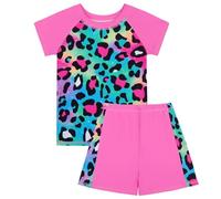 Générique Costume da bagno a maniche corte per ragazze con stampa leopardata a cuore pantaloncini assortiti vestito da spiaggia per bambini, rosa acceso, 10-12 Anni