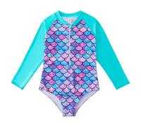 Générique Costume da bagno per bambini a maniche lunghe con design a squame per ragazze, ideale per piscina e sorgenti termali, Azzurro, 5-6 Anni