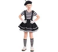 Générique Costume da mimo, curioso per ragazze, con motivo a righe, per Halloween e feste (nero, 7-9 anni)