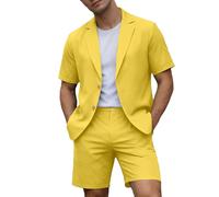 Générique Costume da uomo a 2 pezzi, con giacca a maniche corte e pantaloni corti, da uomo, leggero, sportivo, casual, per l'estate, la spiaggia, i ragazzi d'onore, il matrimonio, giallo, XXXL