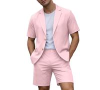 Générique Costume da uomo a 2 pezzi, con giacca a maniche corte e pantaloni corti, da uomo, leggero, sportivo, casual, per l'estate, la spiaggia, i ragazzi d'onore, il matrimonio, Rosa, XXXL
