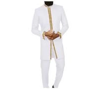 Générique Costume da uomo in due pezzi con pantaloni ricamati, scollo rotondo, maniche lunghe, tinta unita, abbigliamento sociale africano, stile nazionale elegante