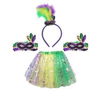 Générique Costume Halloween Carnevale Veneziano con Maschera Mezza Viso Oro Viola Verde, Fascia Piuma E Gonna Con Perle, Vestito Festa Costume Halloween