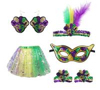 Générique Costume Halloween Carnevale Veneziano con Maschera Mezza Viso Oro Viola Verde, Fascia Piume E Gonna Con Perle, Vestito Da Festa, Costume Halloween