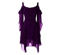 Générique Costume lungo da donna in mussola di seta, patchwork, stile retrò, tinta unita, con maniche a tromba, per cosplay medievale, gotico, cerimonia, costume fantasia elegante (viola, XXL)