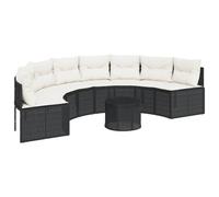 Générique Divano semi-rotondo in resina intrecciata nera con tavolo in vetro temperato | Cuscini spessi rimovibili, rivestimento lavabile, telaio in acciaio robusto, 110 kg per seduta