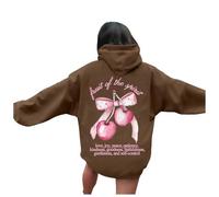 Générique Felpa con cappuccio a maniche lunghe da donna con tasche stampate Lettera casual Pullover abbigliamento urbano alla moda confortevole e calda autunno inverno quotidiano, marrone, L