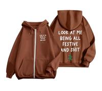 Générique Felpa con cappuccio sportiva da donna, stile natalizio, look at me being all festive and shit, stampa con zip, maniche lunghe, tasca con cordoncino, casual, comoda presa alla moda, marrone