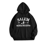 Générique Felpe da donna Halloween Independent Station Flying Little Witch Lettera stampata con cappuccio a maniche lunghe comode per la stagione invernale, Le Noir, S