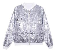 Générique Giacca con paillettes da uomo casual alla moda giacca a maniche lunghe con zip giacca da baseball scintillante per serate discoteca carnevale con tasche, argento, XXXL