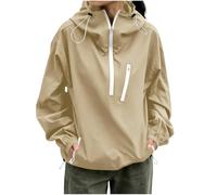 Générique Giacca impermeabile con cappuccio regolabile da donna, collo alto, giacca a vento con zip e tasche leggere casual, mezza stagione, tinta unita, per città, jogging, escursionismo, B-beige, L