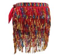 Générique Gonna Belly Dance Donna Boemia Frange Paillettes Pompon Fianchi Foulard per Rave Party E Festa Gonna Carnevale Medievale Donna, Pasteca Rosso, Taglia unica
