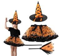 Générique Hexen-Outfit Für Mädchen - Halloween-Hexenkostüm Mit Hexenhut | Besen & Tutu-Rock | Süßes Kinderkostüm fúr Karneval, Rollenspiel & Halloween-Partys, Verkleidung Für Mädchen