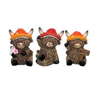 Générique Highland Cow - Statuina in resina animale, decorazione per esterni, 3 pezzi, motivo: mushroom Hat Highland Cattle, statua, Home Garden Table Centerpiece Shelf Mantel Decoration