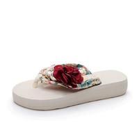 Générique Infradito floreale da donna con cinghie morbide e suola imbottita decorazione floreale pantofole estive per abbigliamento casual sandalo pantofole da spiaggia fiore perla, A rosso., 40 EU